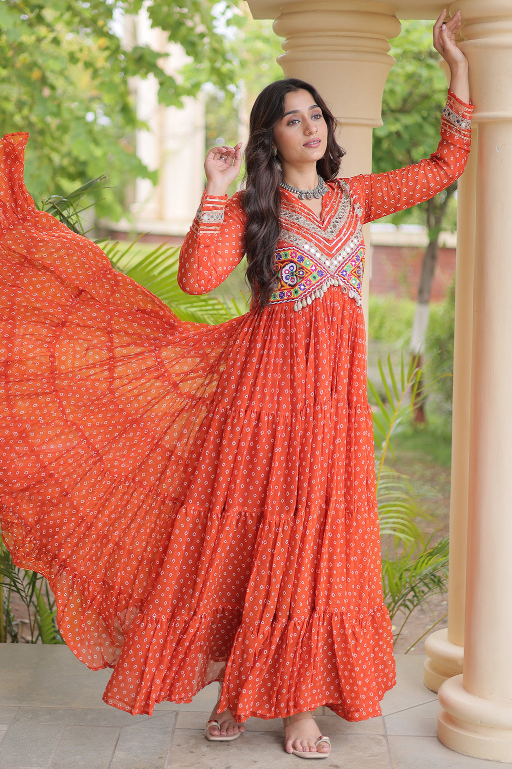 Orange Georgette Bandhej Printed Anarkali Kurti with Kachchi Work