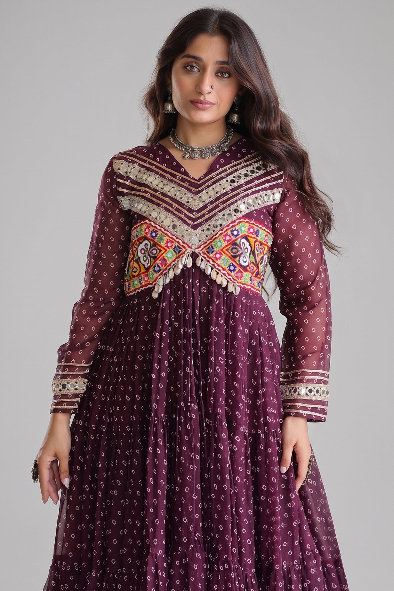 Purple Georgette Bandhej Printed Anarkali Kurti with Kachchi Work Secondary image