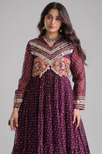 Purple Georgette Bandhej Printed Anarkali Kurti with Kachchi Work