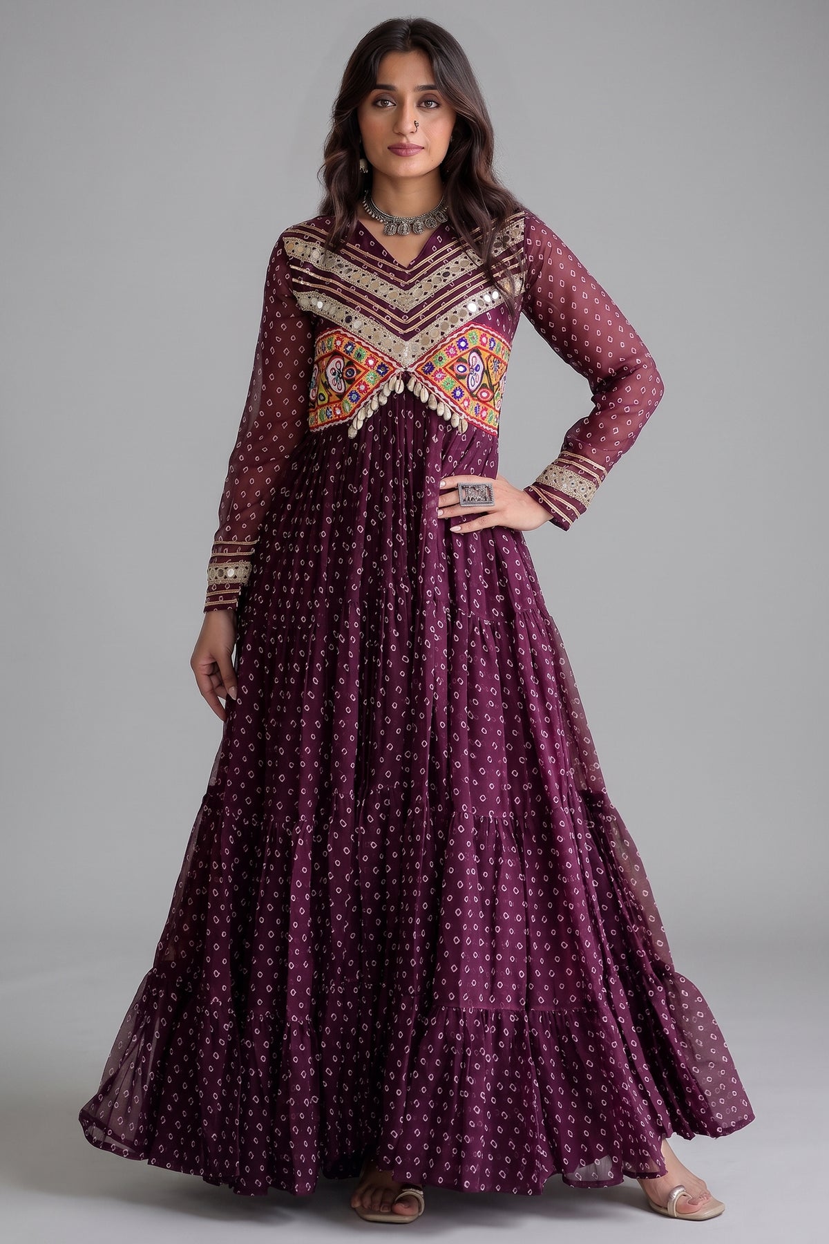 Purple Georgette Bandhej Printed Anarkali Kurti with Kachchi Work Main image