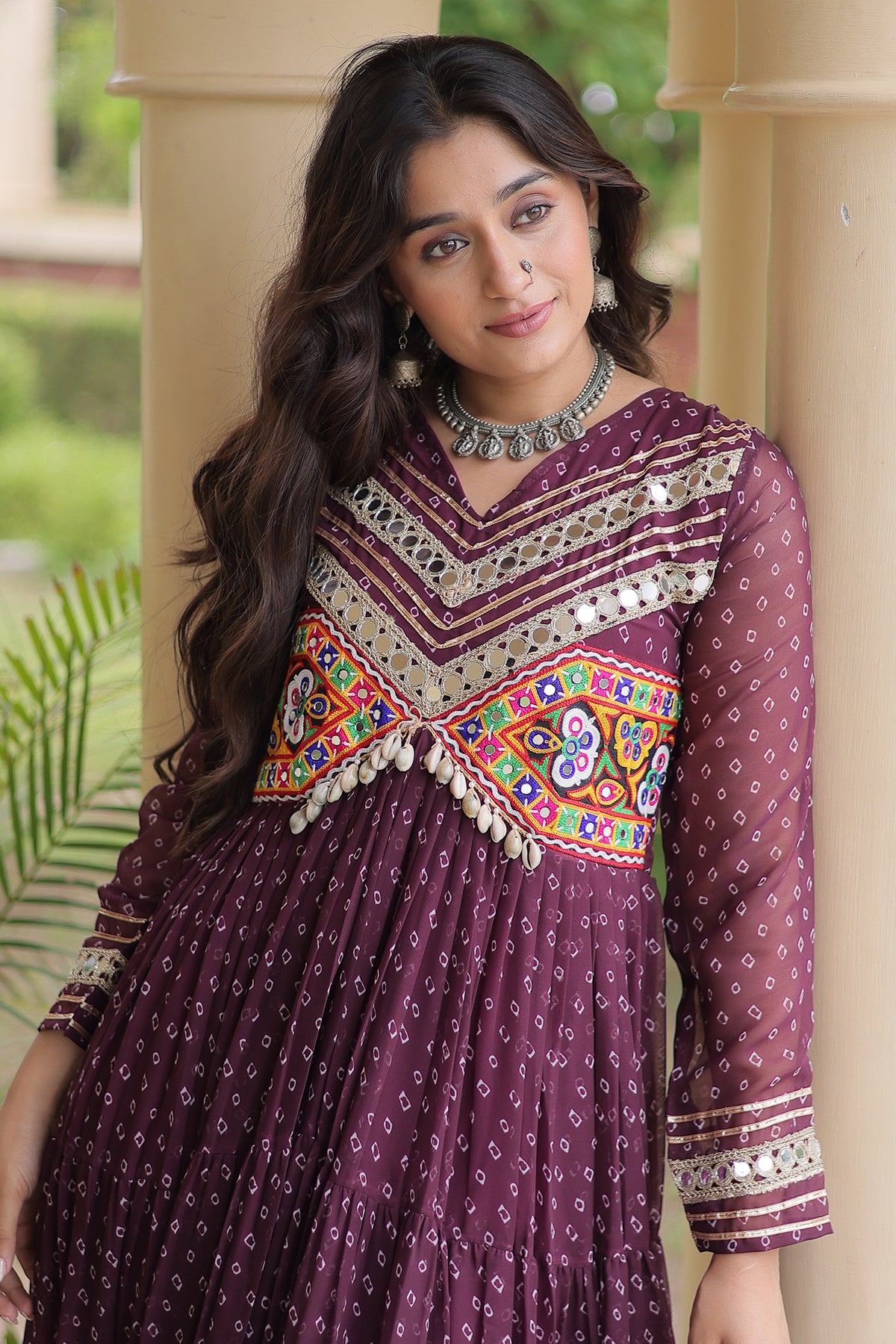 Purple Georgette Bandhej Printed Anarkali Kurti with Kachchi Work