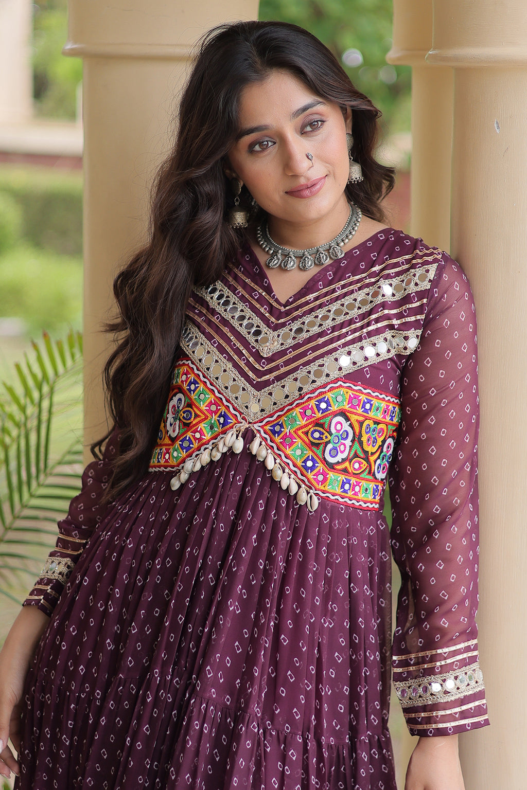 Purple Georgette Bandhej Printed Anarkali Kurti with Kachchi Work