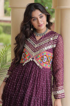 Purple Georgette Bandhej Printed Anarkali Kurti with Kachchi Work