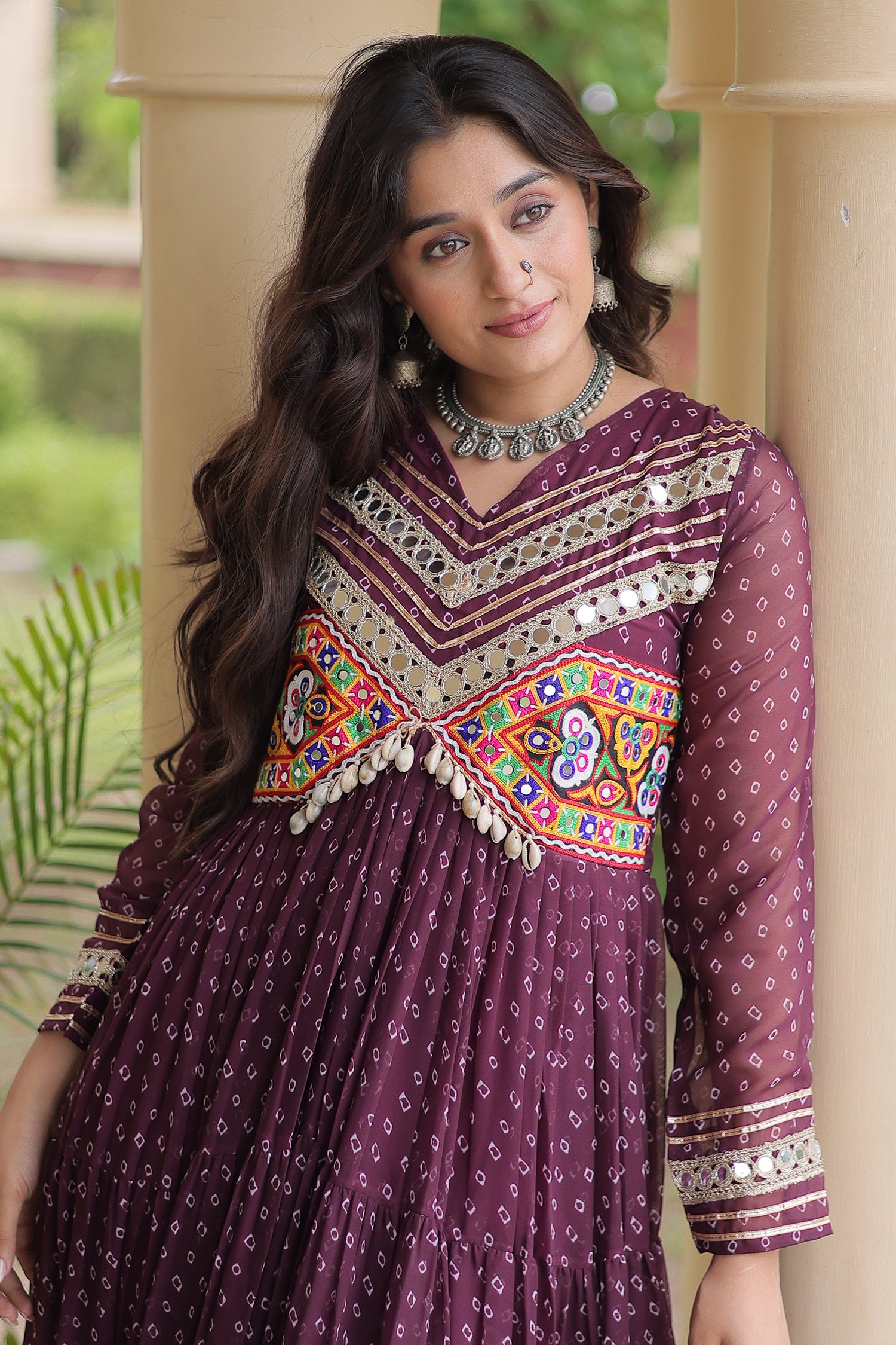Purple Georgette Bandhej Printed Anarkali Kurti with Kachchi Work