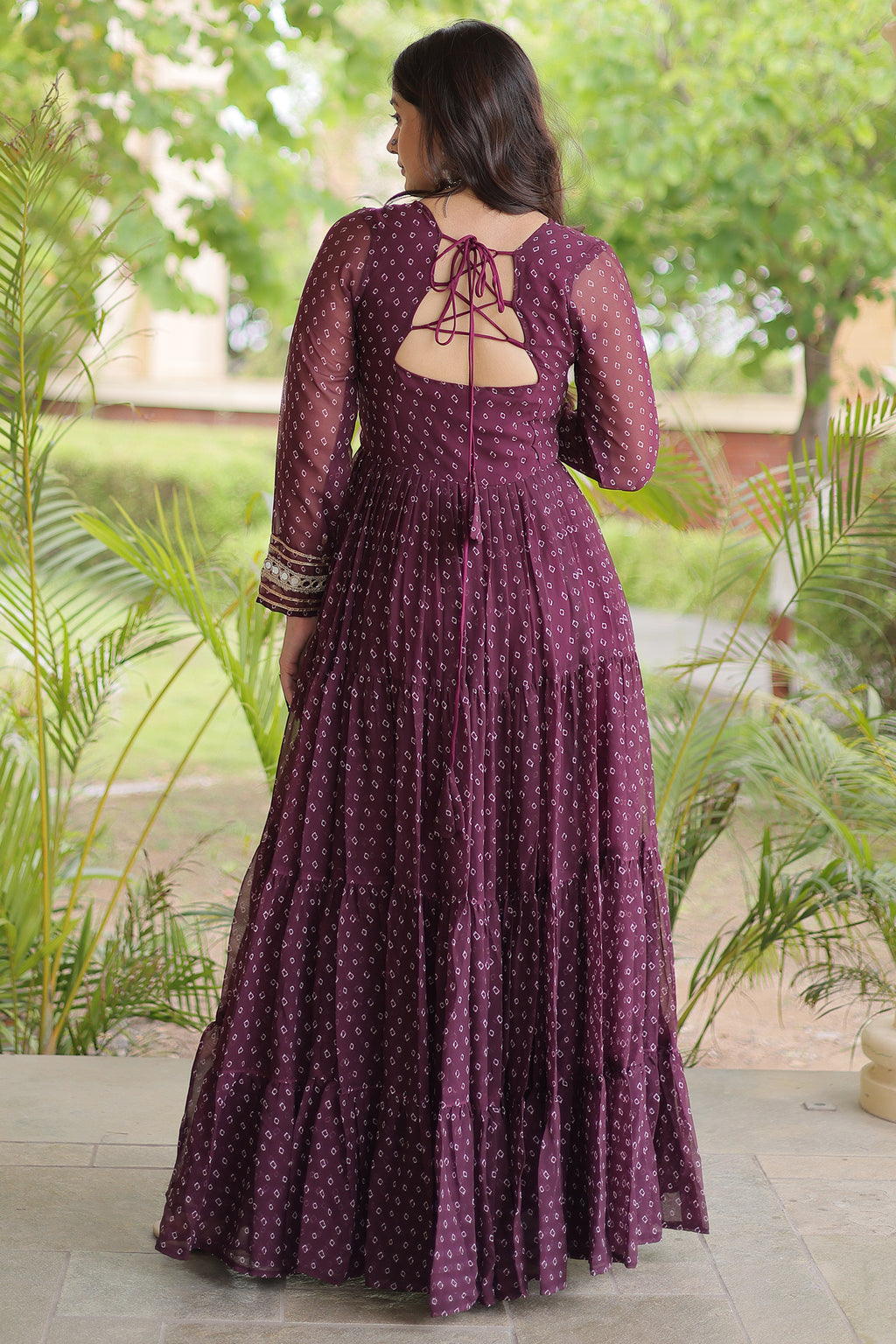Purple Georgette Bandhej Printed Anarkali Kurti with Kachchi Work