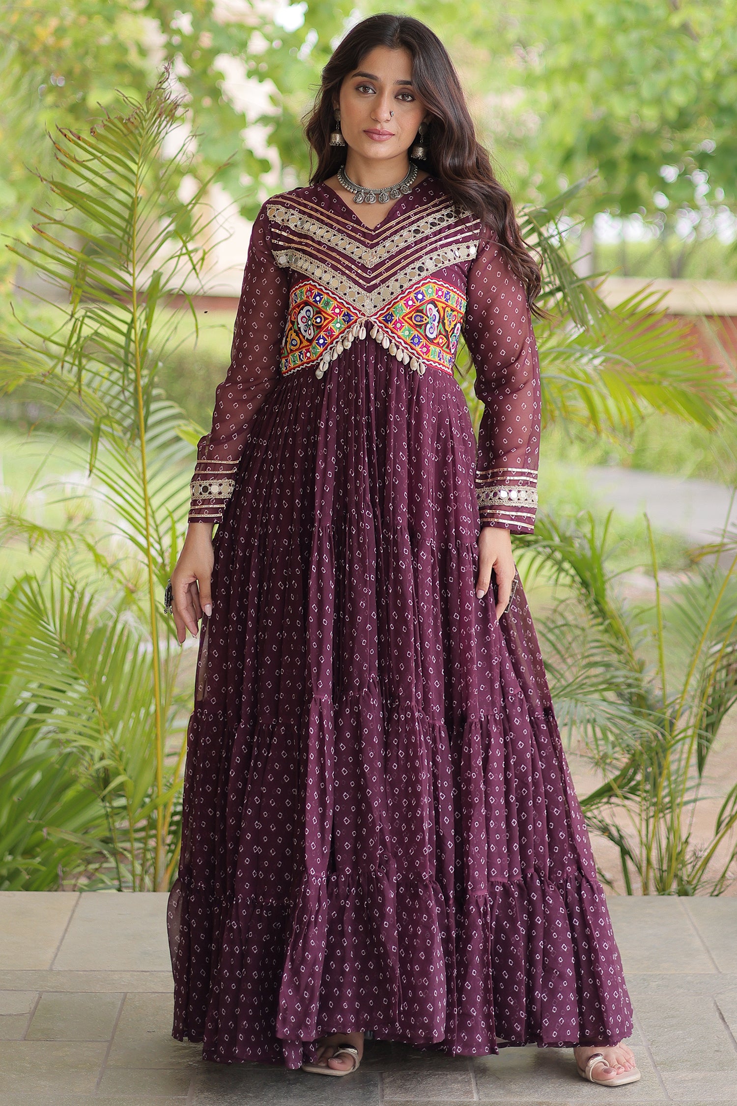 Purple Georgette Bandhej Printed Anarkali Kurti with Kachchi Work