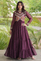 Purple Georgette Bandhej Printed Anarkali Kurti with Kachchi Work
