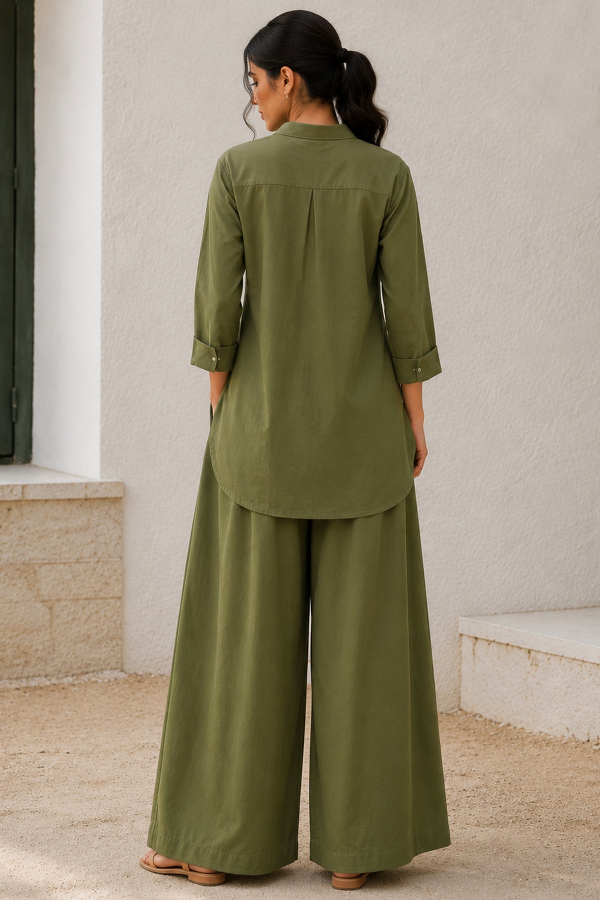 Moss Green Cotton Shirt & Wide Leg Co-Ord Set