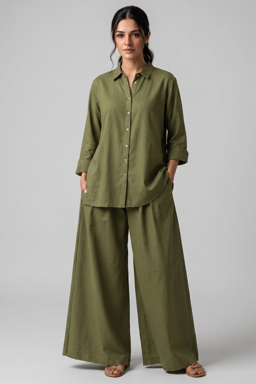 Moss Green Cotton Shirt & Wide Leg Co-Ord Set