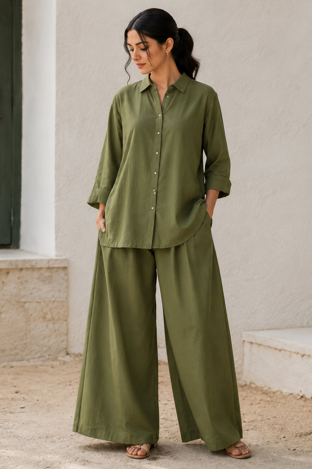 Moss Green Cotton Shirt & Wide Leg Co-Ord Set