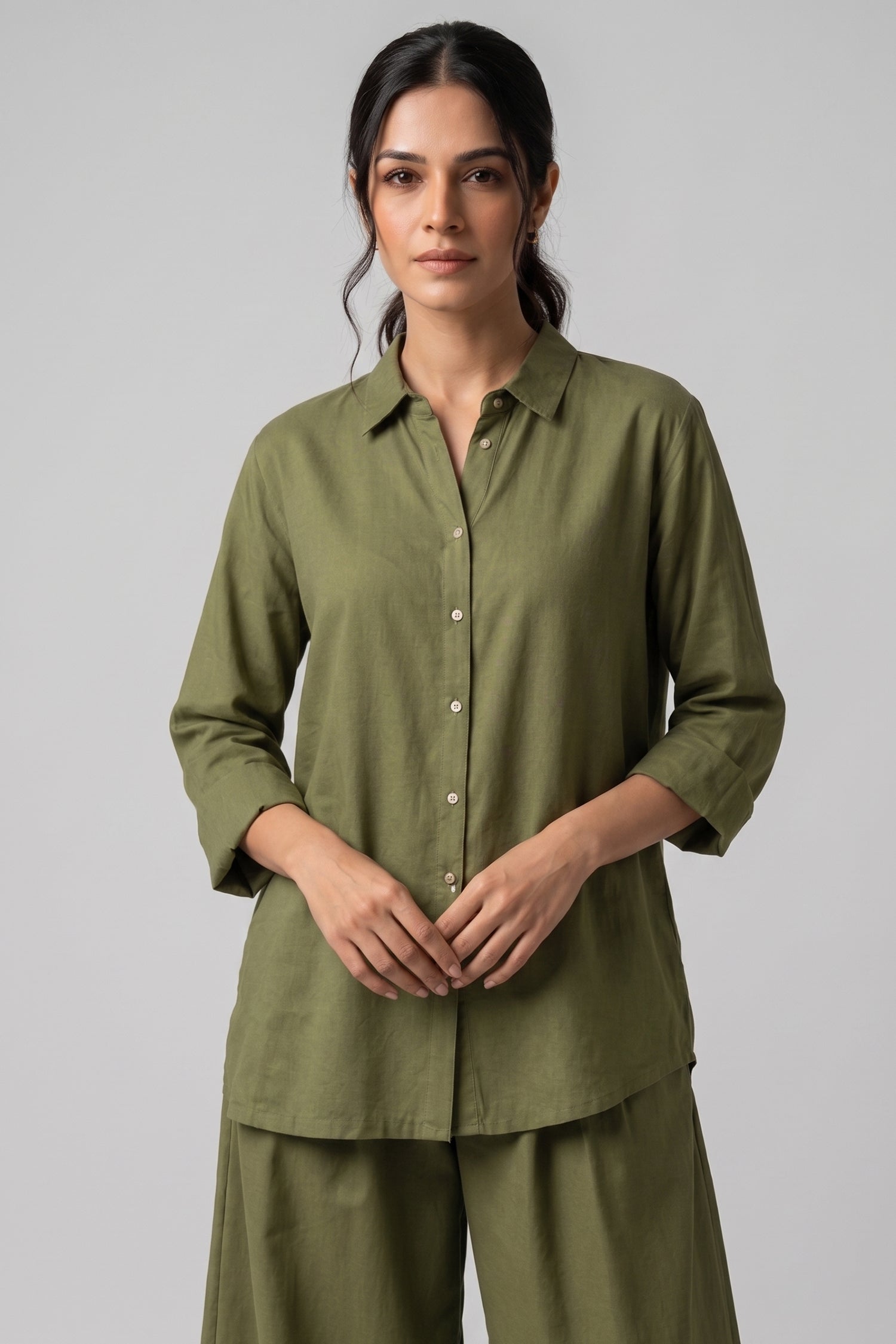 Moss Green Cotton Shirt & Wide Leg Co-Ord Set Secondary image