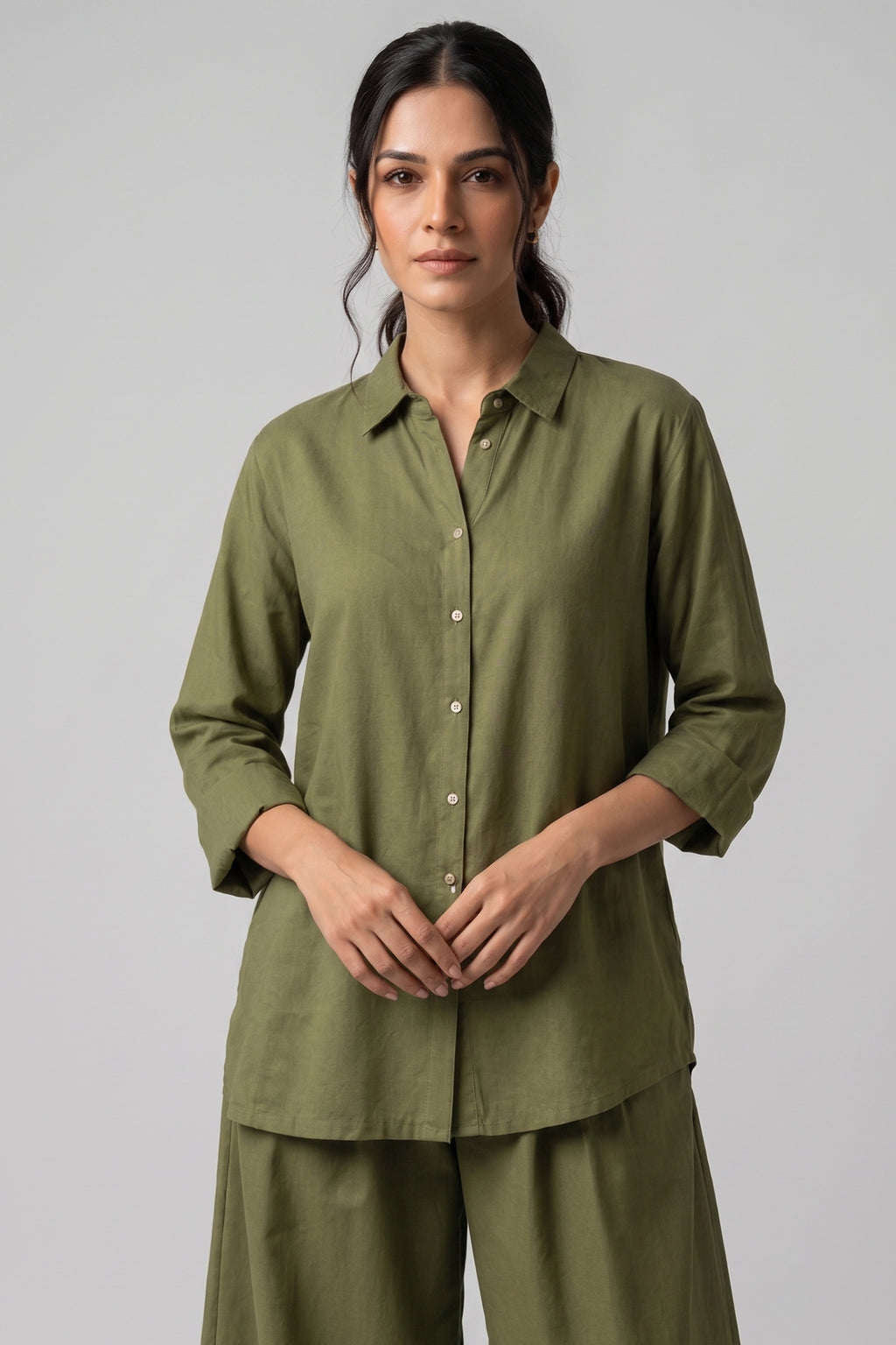 Moss Green Cotton Shirt & Wide Leg Co-Ord Set