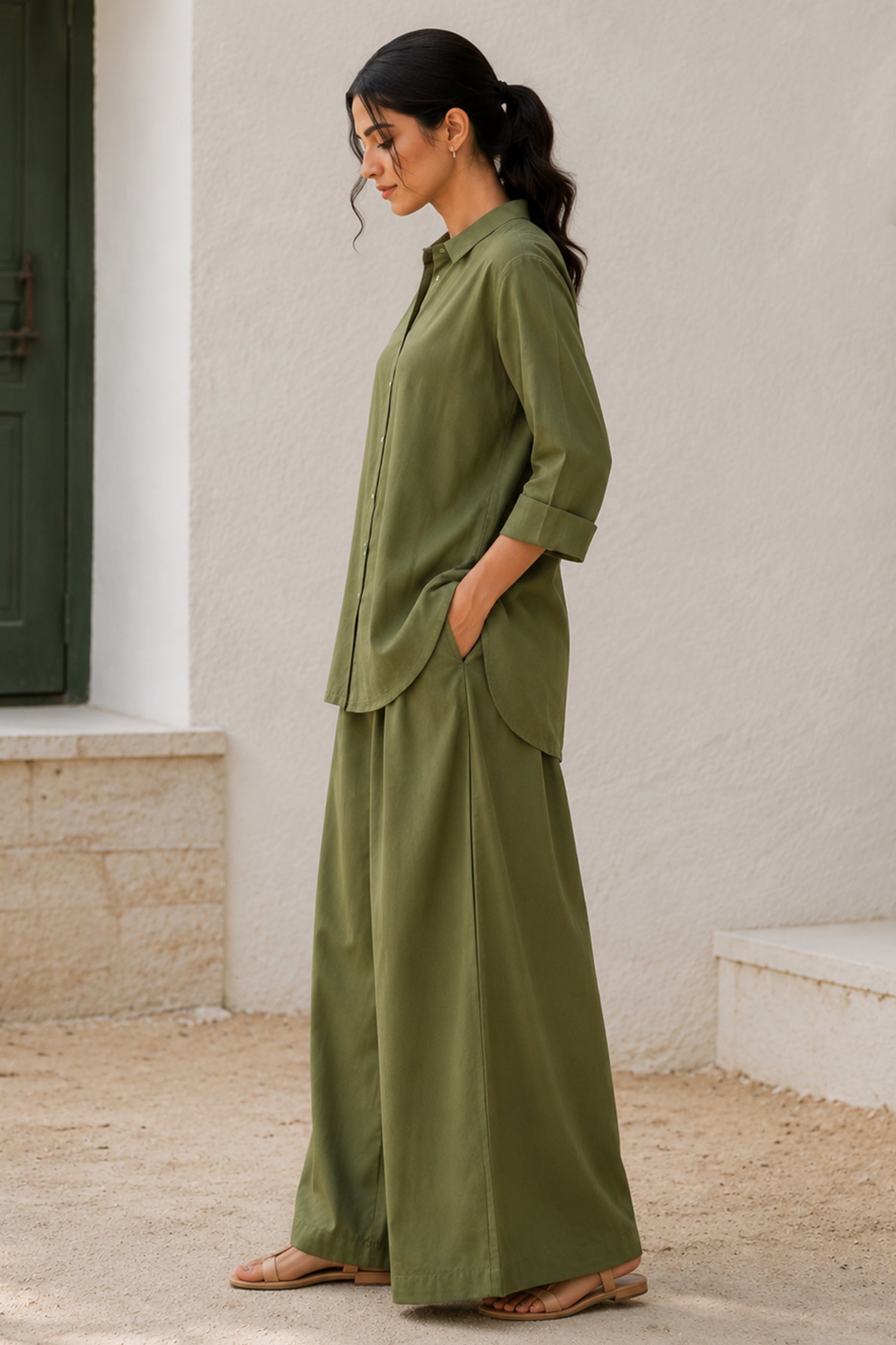 Moss Green Cotton Shirt & Wide Leg Co-Ord Set