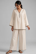 Off White Cotton V Neck Co-Ord Set with Contrast Piping