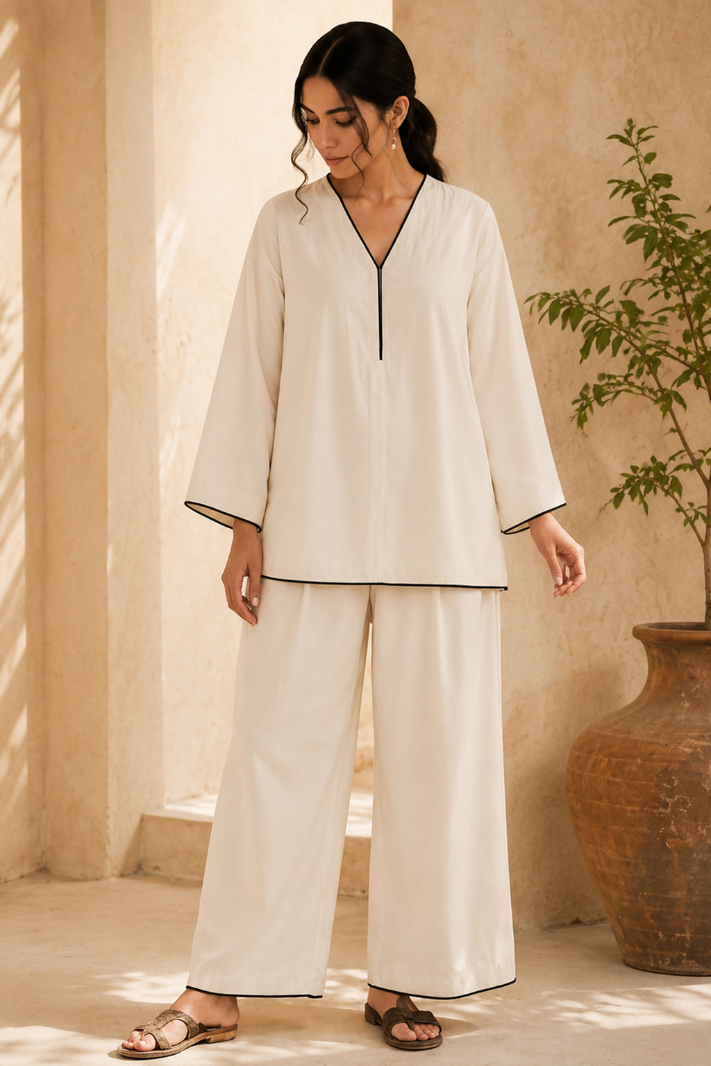 Off White Cotton V Neck Co-Ord Set with Contrast Piping