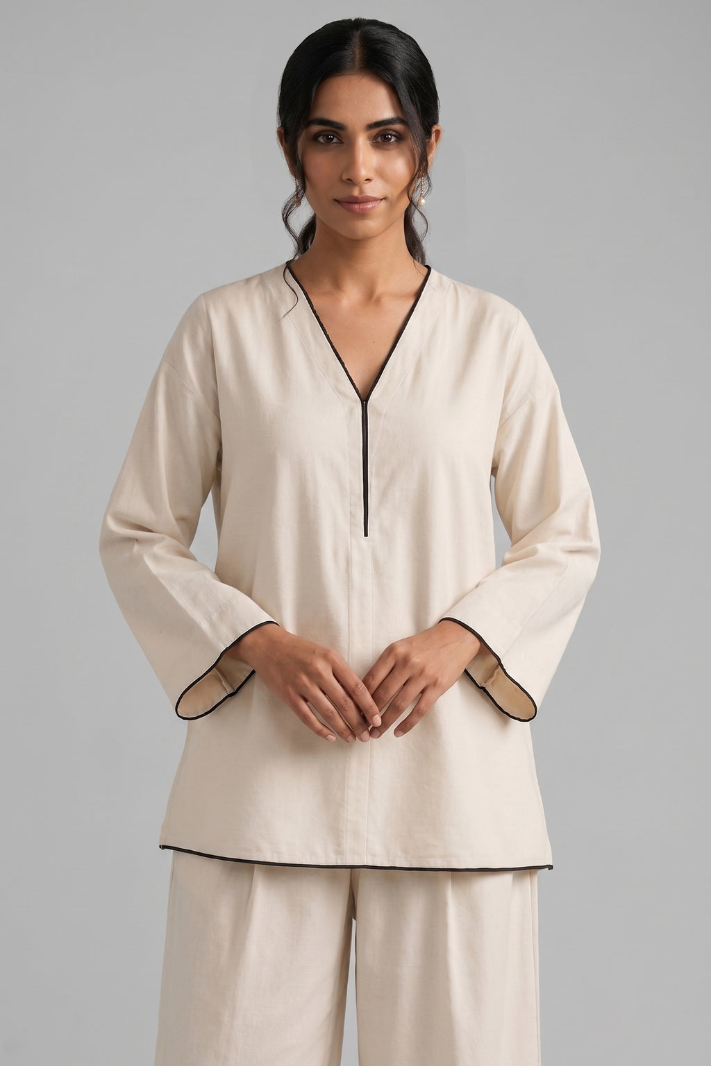 Off White Cotton V Neck Co-Ord Set with Contrast Piping