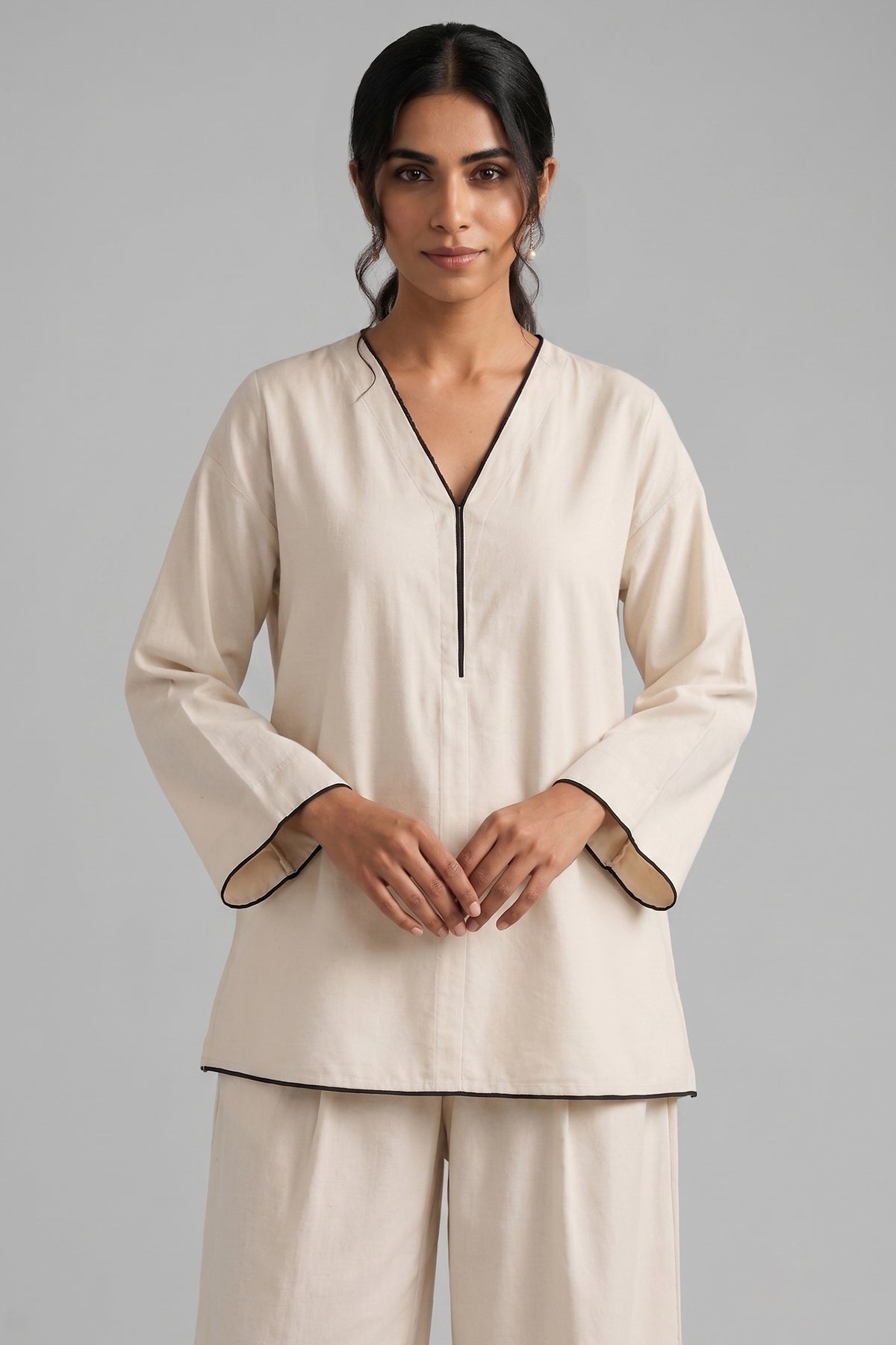 Off White Cotton V Neck Co-Ord Set with Contrast Piping