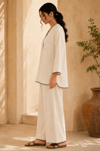 Off White Cotton V Neck Co-Ord Set with Contrast Piping