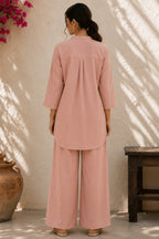 Dusty Pink Pure Cotton Shirt Set with Pleated Yoke & Palazzo