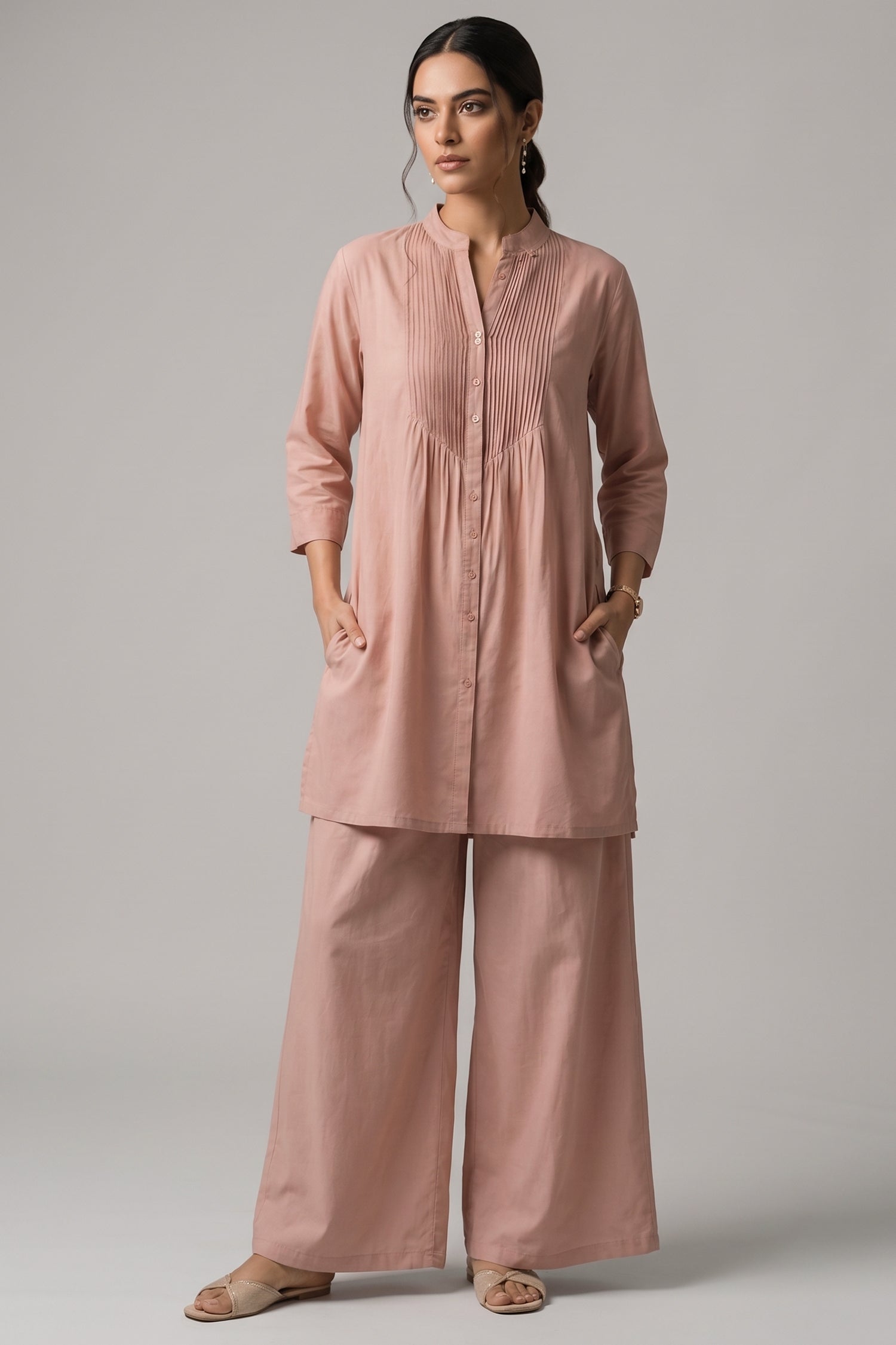 Dusty Pink Pure Cotton Shirt Set with Pleated Yoke & Palazzo Main image