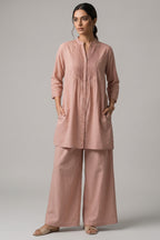 Dusty Pink Pure Cotton Shirt Set with Pleated Yoke & Palazzo