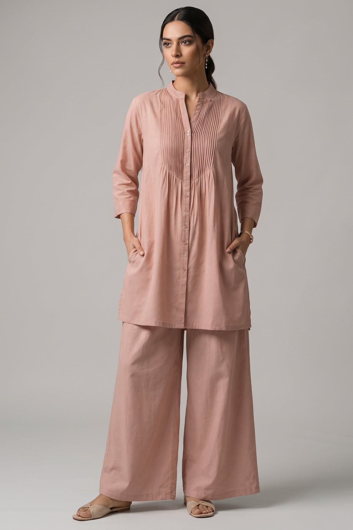 Dusty Pink Pure Cotton Shirt Set with Pleated Yoke & Palazzo