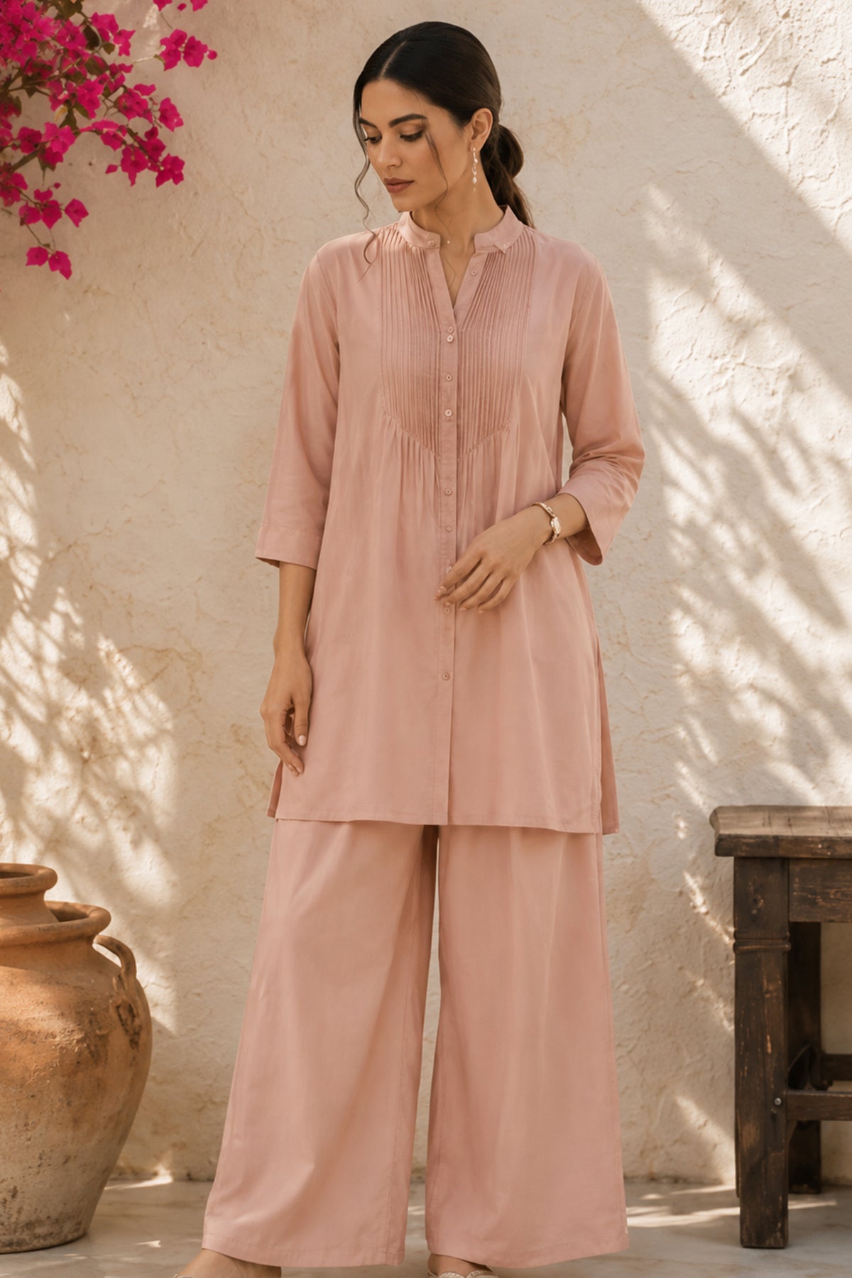 Dusty Pink Pure Cotton Shirt Set with Pleated Yoke & Palazzo