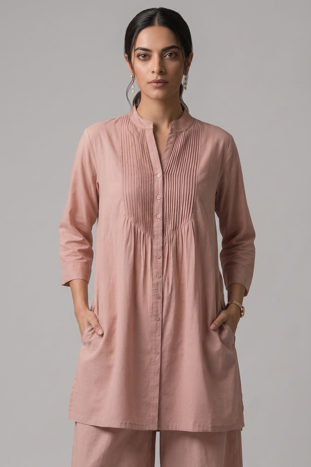 Dusty Pink Pure Cotton Shirt Set with Pleated Yoke & Palazzo