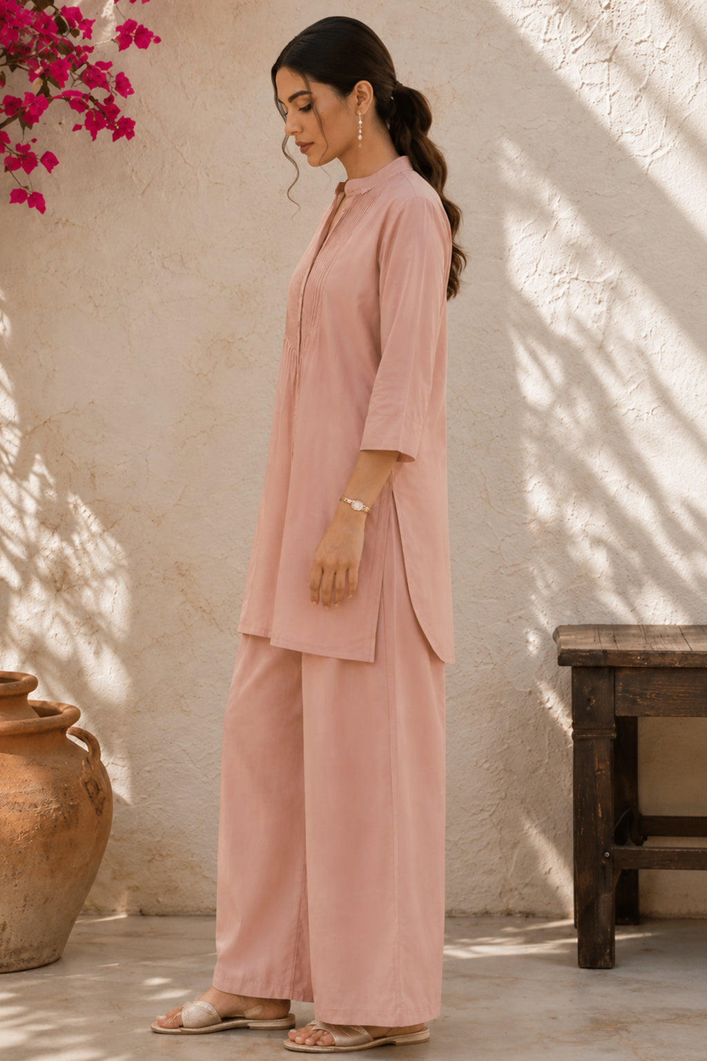 Dusty Pink Pure Cotton Shirt Set with Pleated Yoke & Palazzo