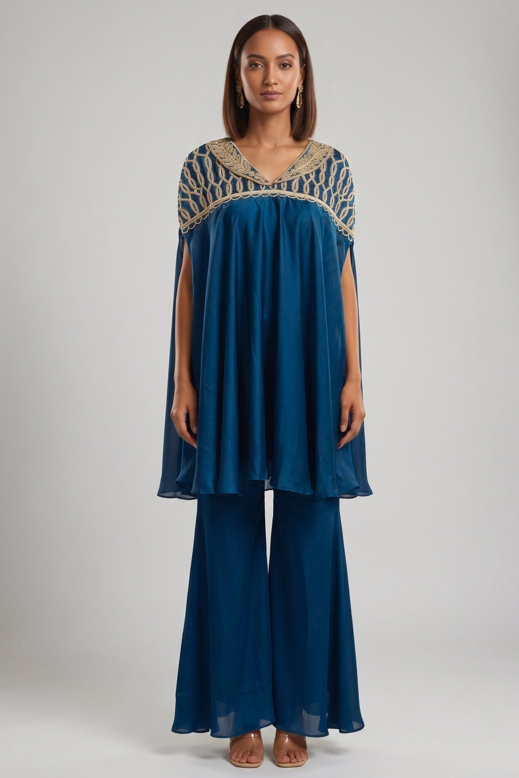 Teal Blue Satin Short Kaftan Top with Heavily Embroidered Neckline