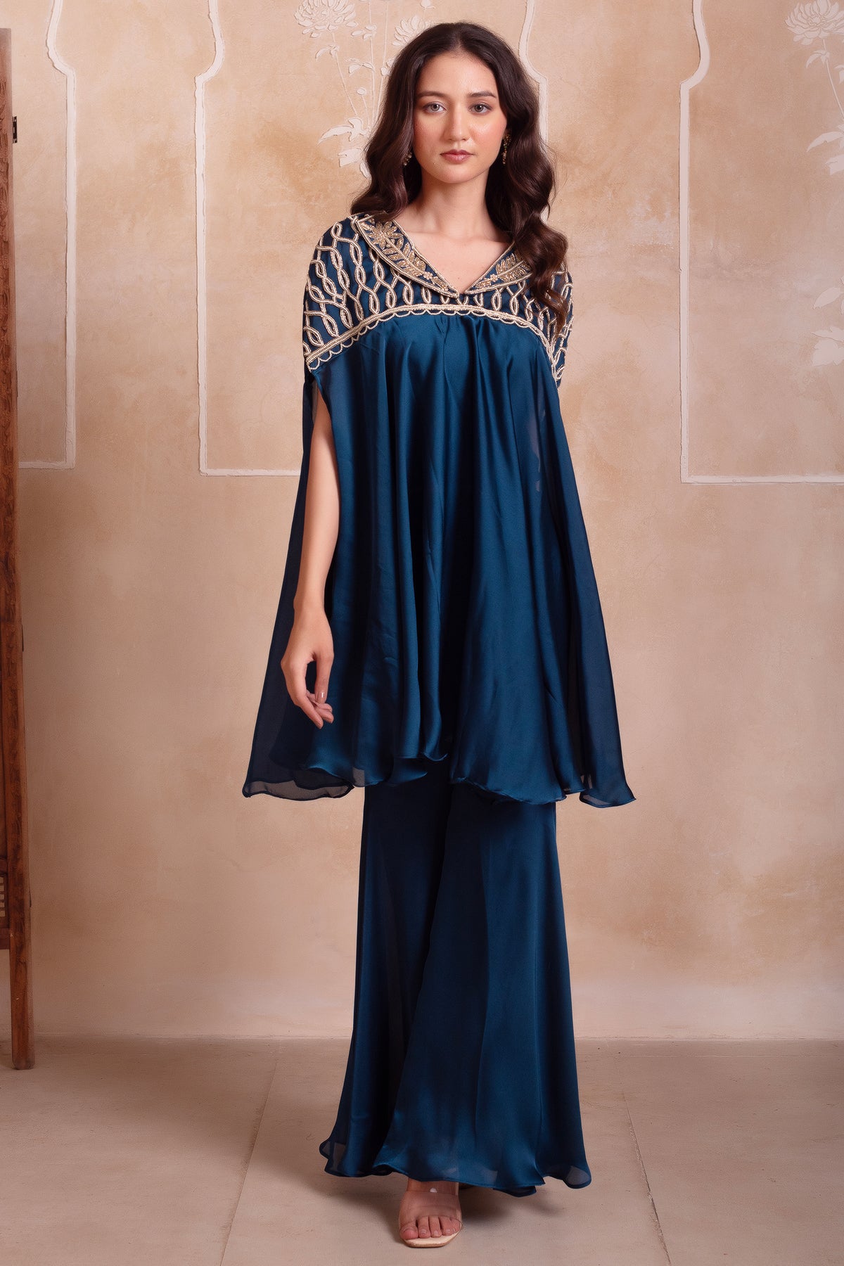 Teal Blue Satin Short Kaftan Top with Heavily Embroidered Neckline