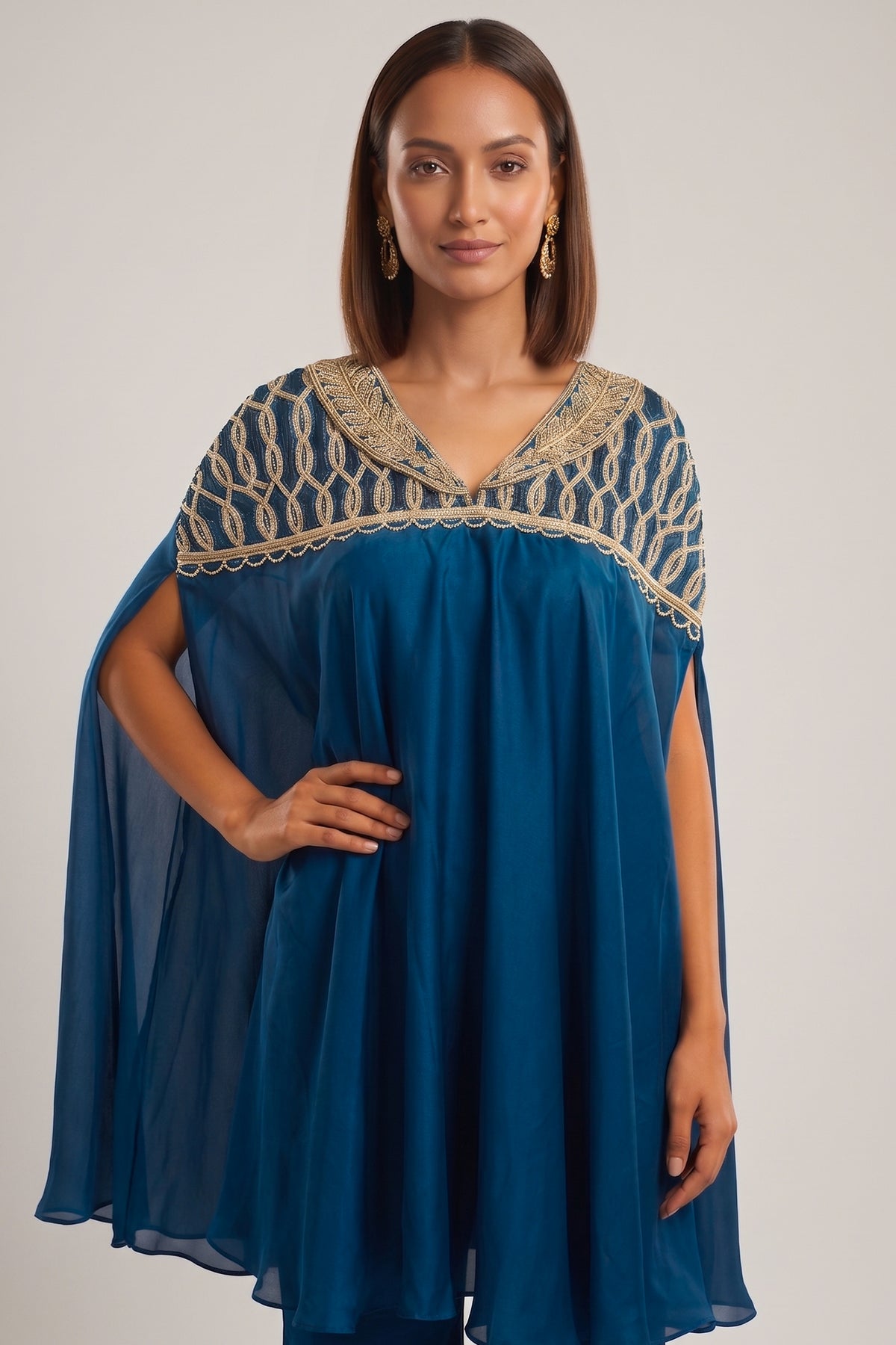 Teal Blue Satin Short Kaftan Top with Heavily Embroidered Neckline