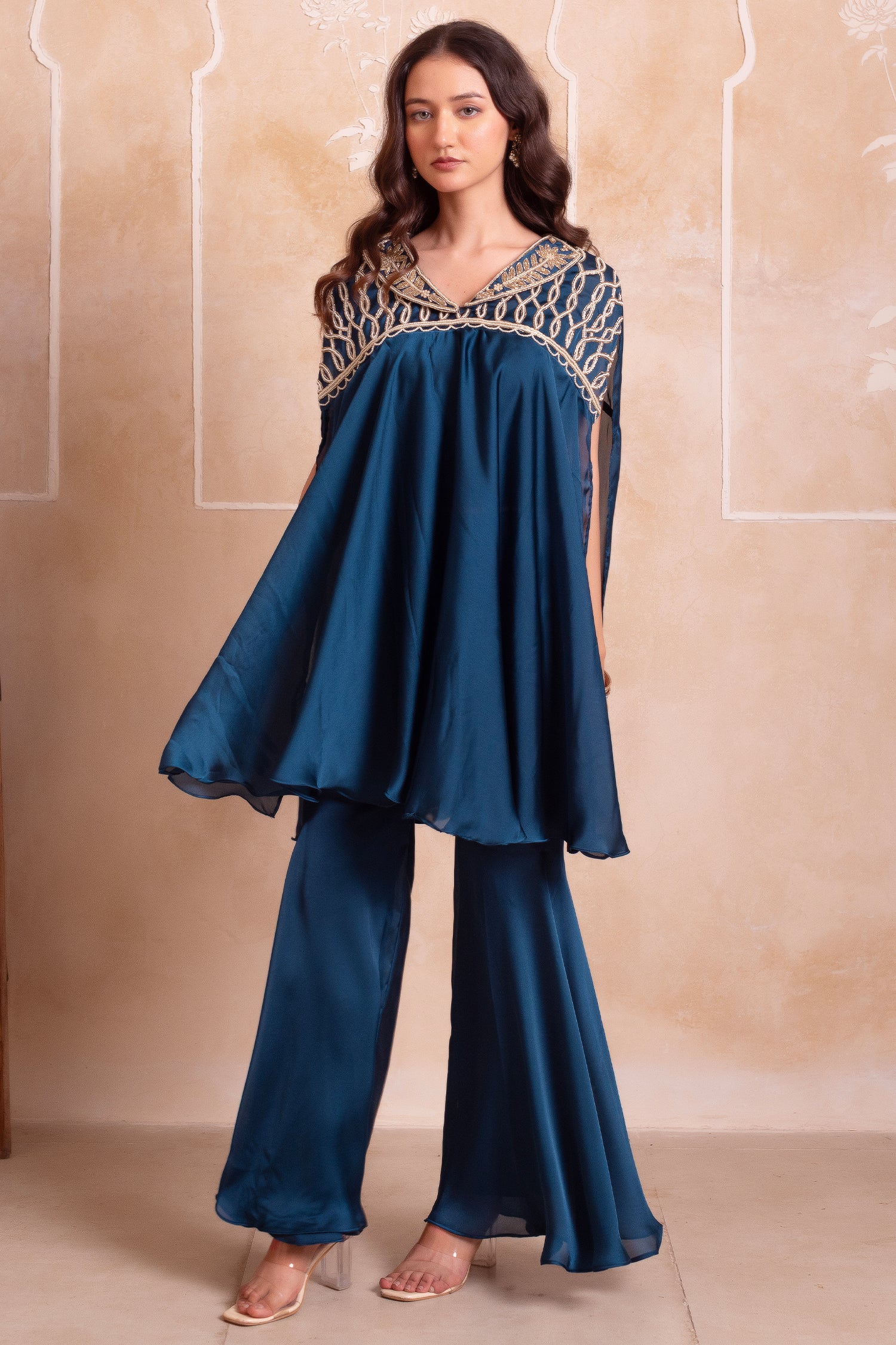 Teal Blue Satin Short Kaftan Top with Heavily Embroidered Neckline