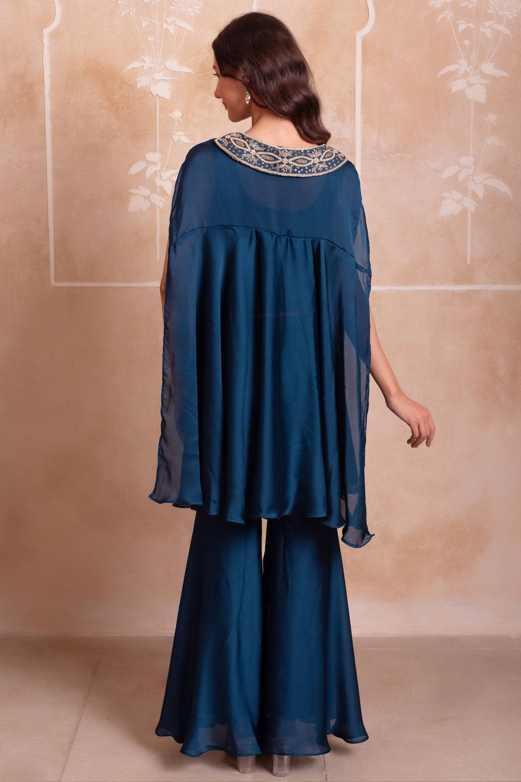 Teal Blue Satin Short Kaftan Top with Heavily Embroidered Neckline