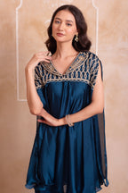 Teal Blue Satin Short Kaftan Top with Heavily Embroidered Neckline