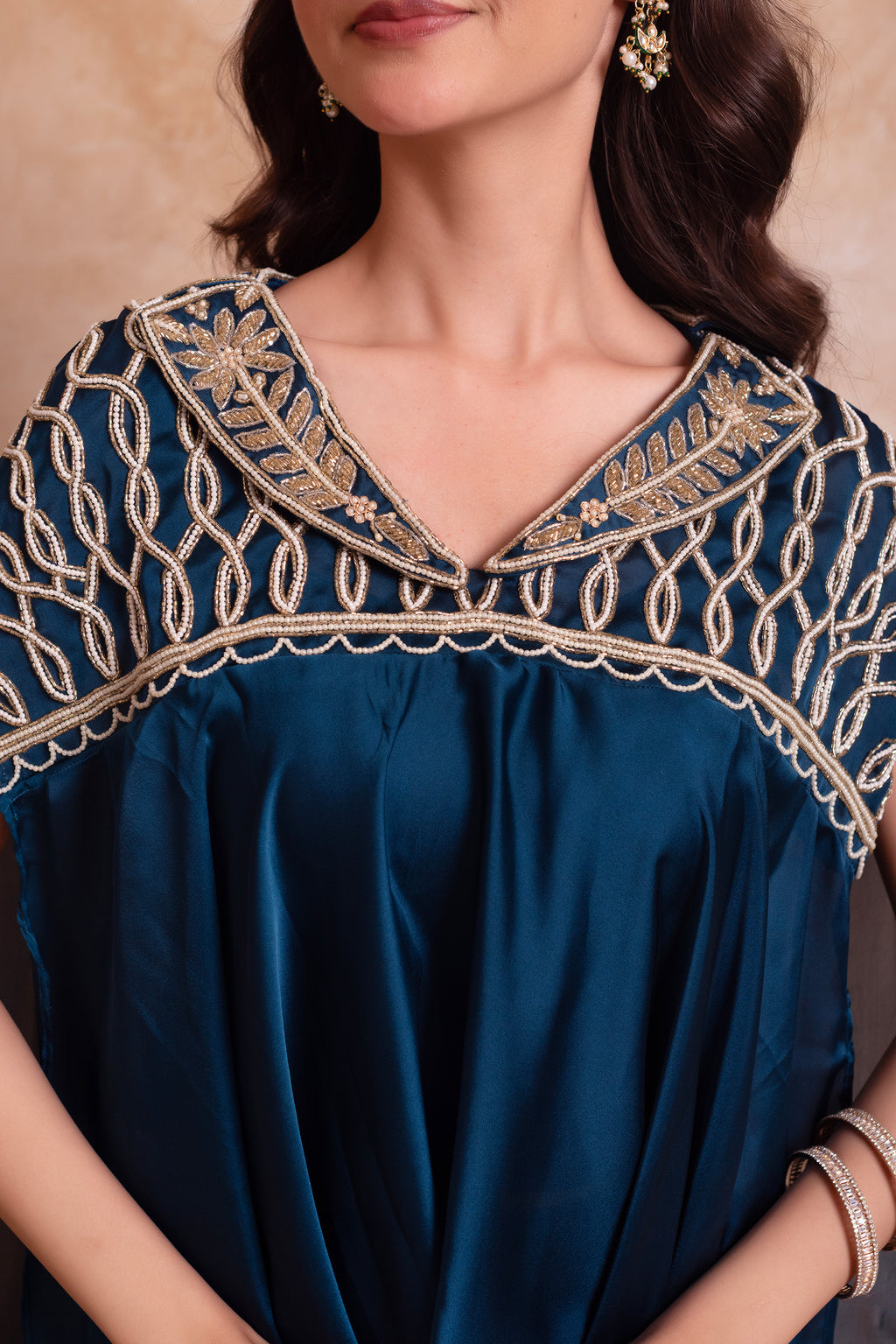 Teal Blue Satin Short Kaftan Top with Heavily Embroidered Neckline