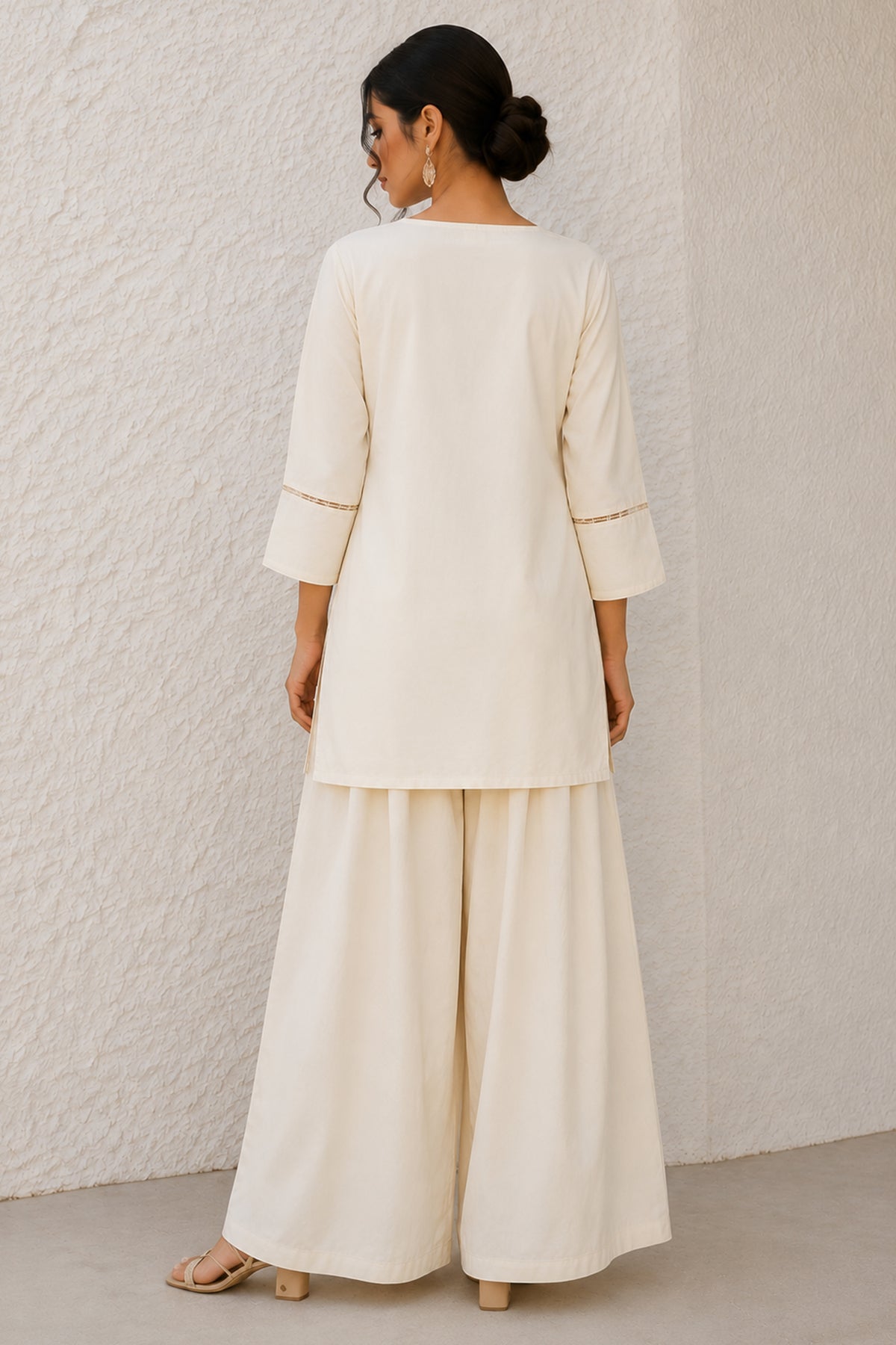 Off White Cotton Notch Neck Tunic & Wide Leg Palazzo Set