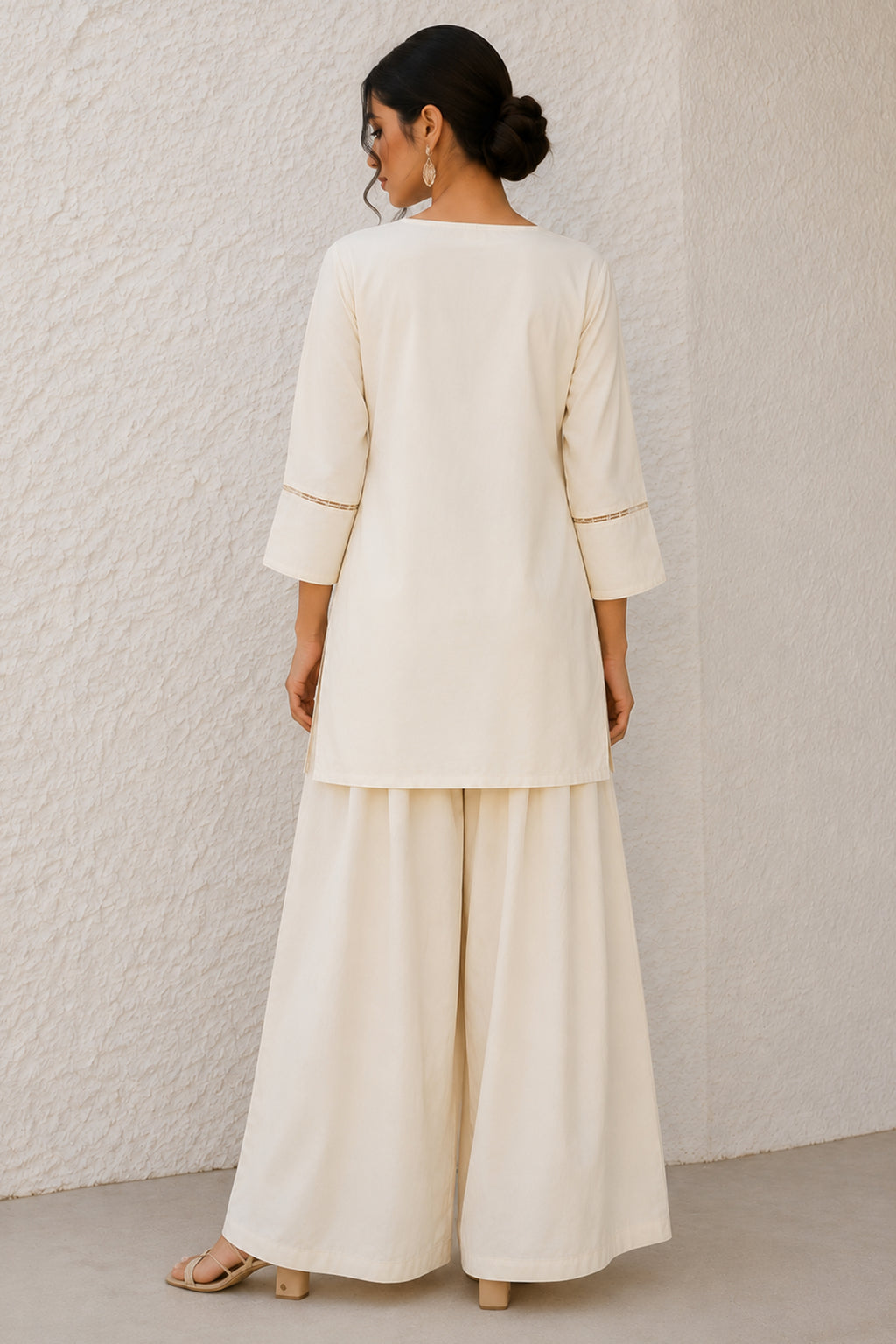 Off White Cotton Notch Neck Tunic & Wide Leg Palazzo Set