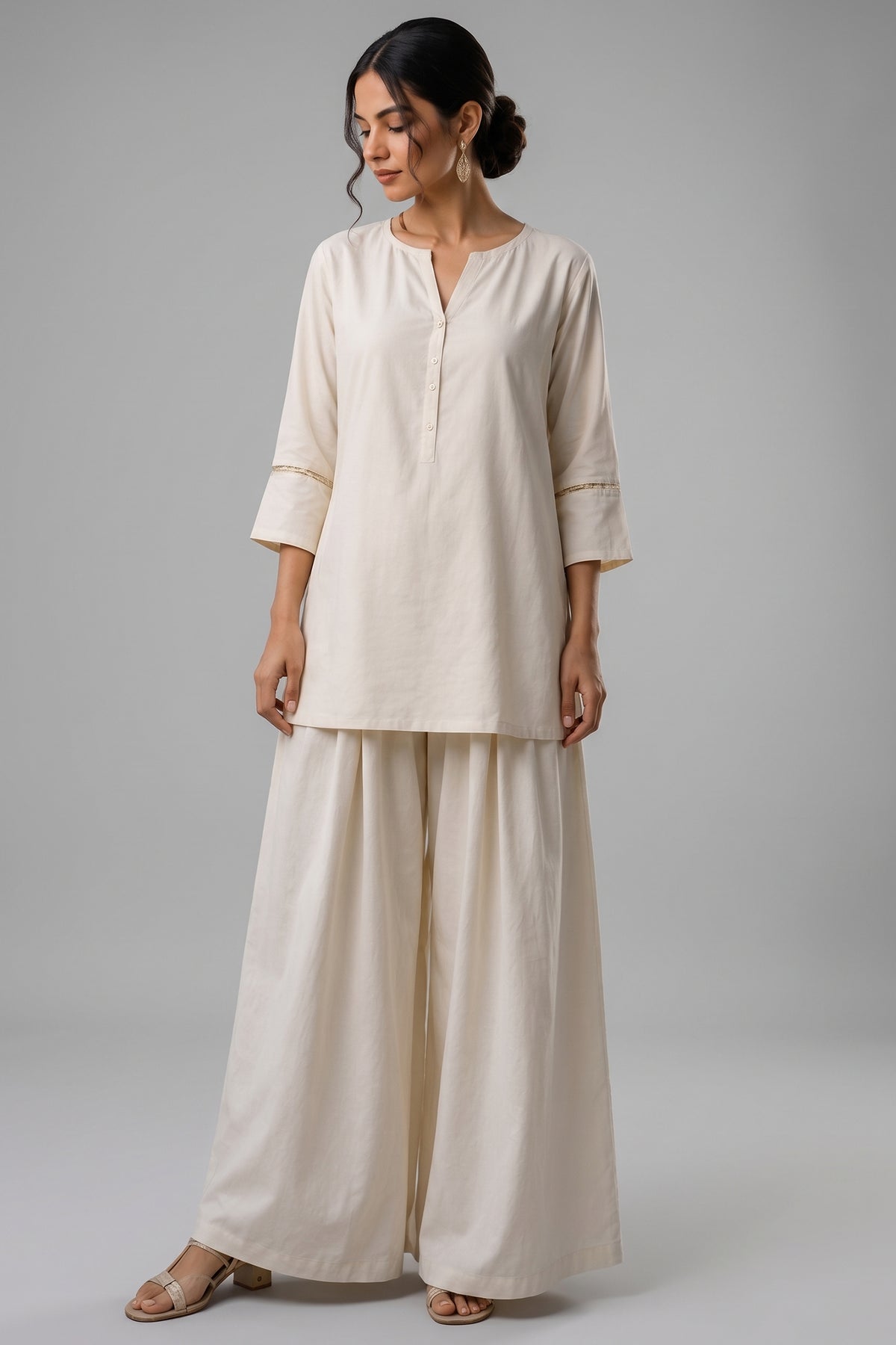 Off White Cotton Notch Neck Tunic & Wide Leg Palazzo Set