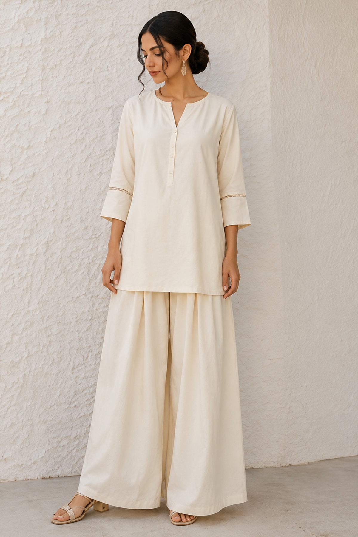 Off White Cotton Notch Neck Tunic & Wide Leg Palazzo Set