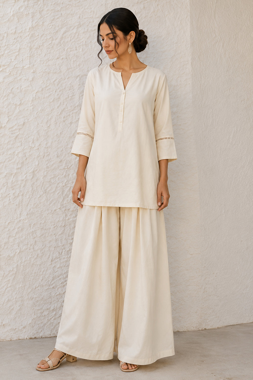 Off White Cotton Notch Neck Tunic & Wide Leg Palazzo Set