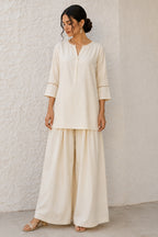 Off White Cotton Notch Neck Tunic & Wide Leg Palazzo Set