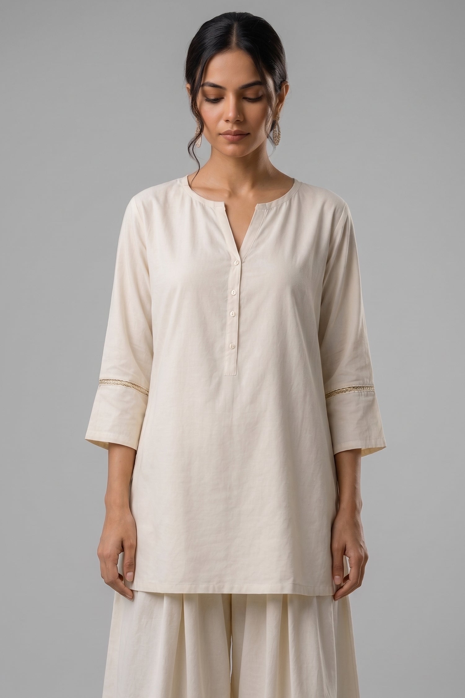 Off White Cotton Notch Neck Tunic & Wide Leg Palazzo Set Secondary image