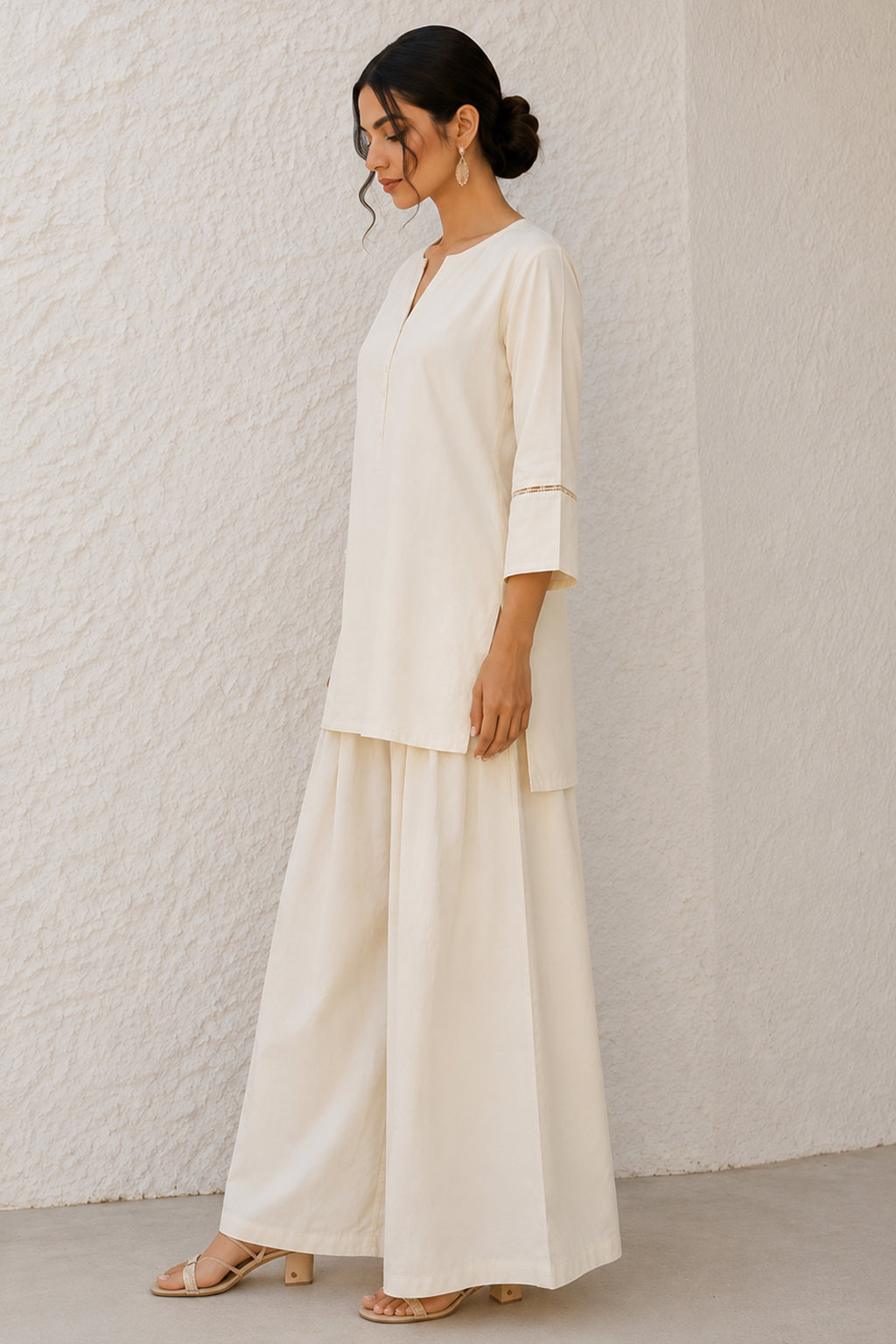 Off White Cotton Notch Neck Tunic & Wide Leg Palazzo Set