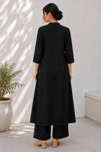 Black Cotton Button Down Flared Kurta Set with Pockets