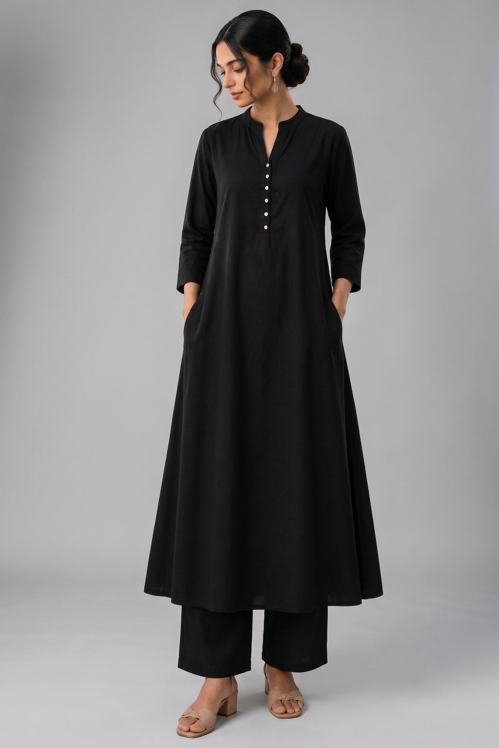 Black Cotton Button Down Flared Kurta Set with Pockets