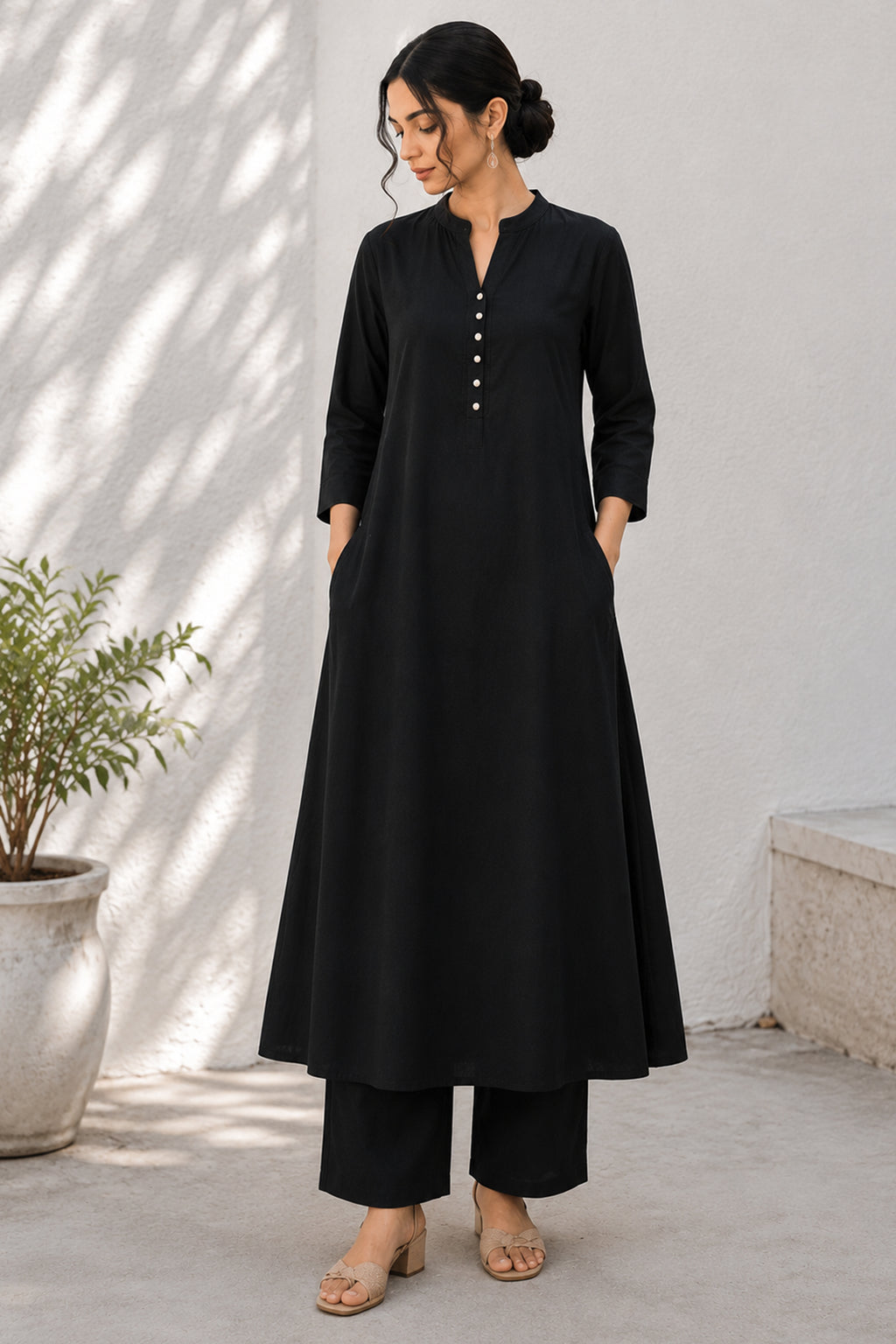 Black Cotton Button Down Flared Kurta Set with Pockets