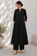 Black Cotton Button Down Flared Kurta Set with Pockets