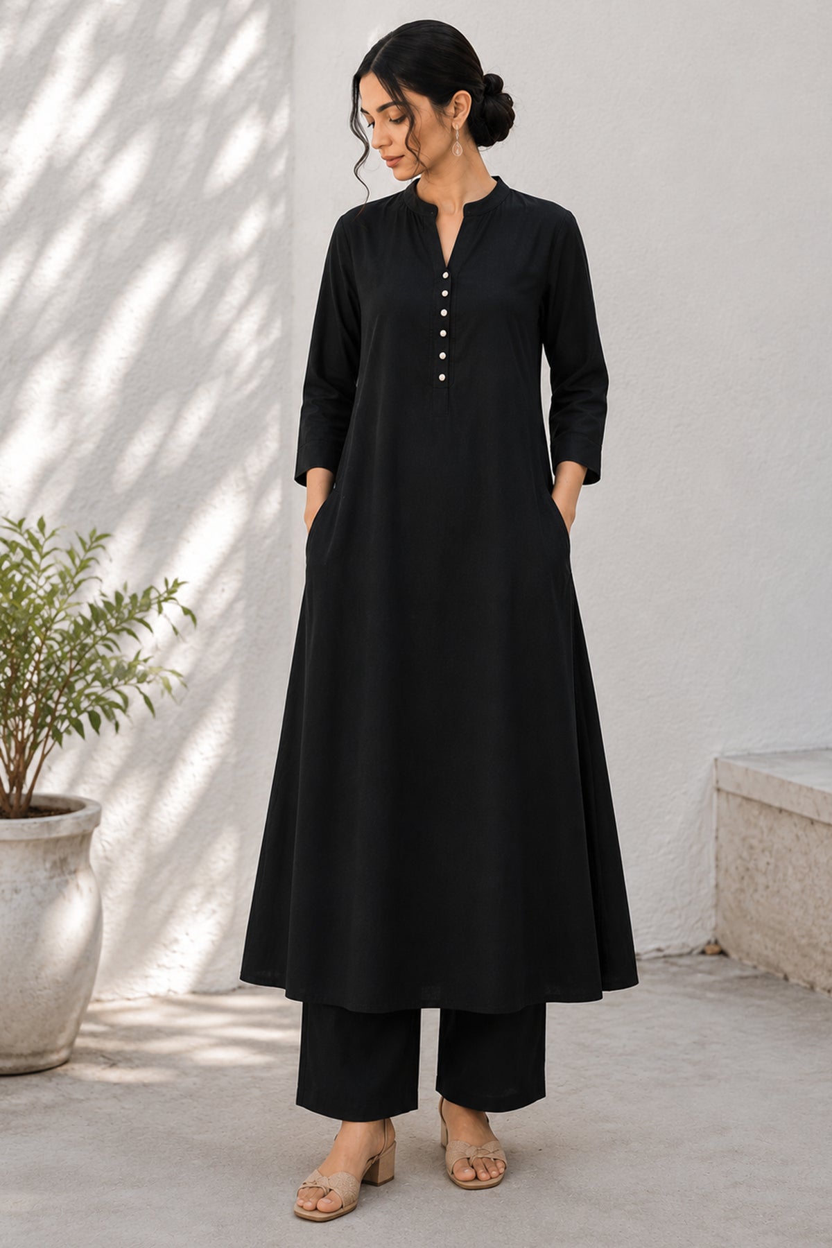 Black Cotton Button Down Flared Kurta Set with Pockets