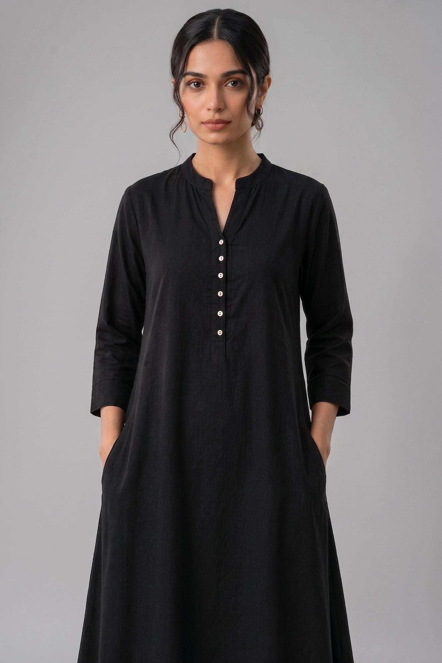 Black Cotton Button Down Flared Kurta Set with Pockets Secondary image